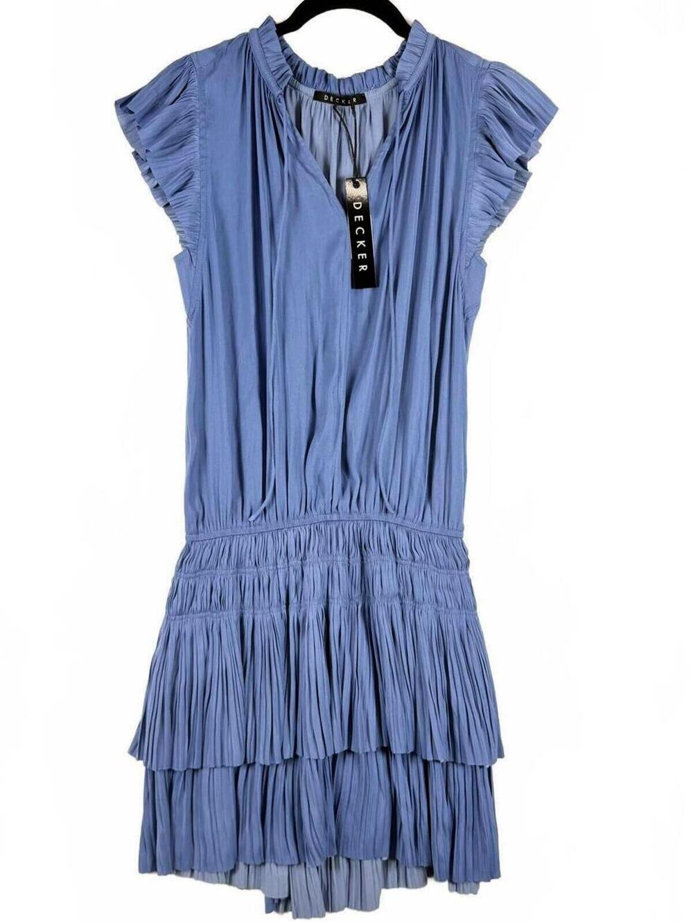 NEW Decker Candice Blue Pleated Mini Dress Flutter Sleeve Smocked Drop Waist XS